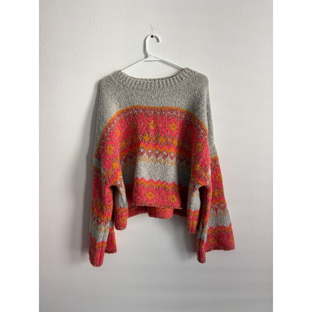 Sincerely Jules Sweater Womens L Pink Orange Fair Isle Relaxed Fit Knit Bohemian